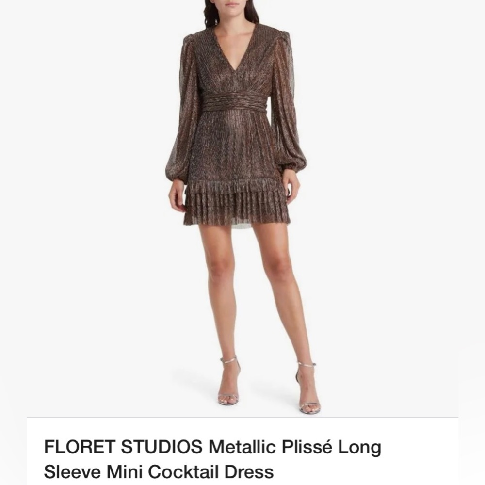 Floret Studios Metallic Plisse Long Sleeve Mini Cocktail Dress